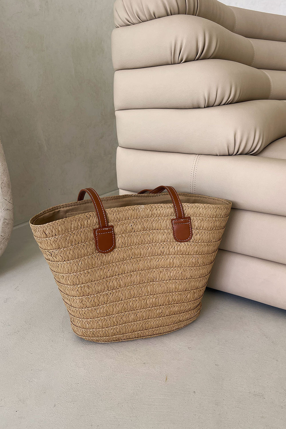 Tan Woven Xena Basket Tote Bag