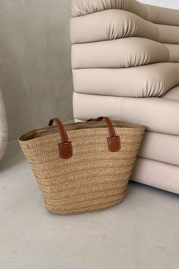 Tan Woven Xena Basket Tote Bag
