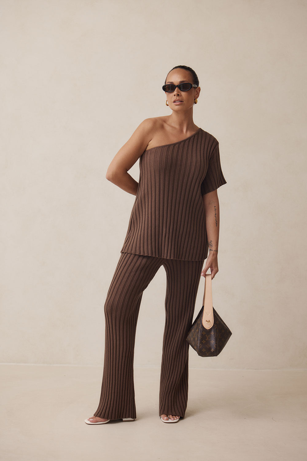 Brown Knit One Shoulder Short Sleeve Neena Top