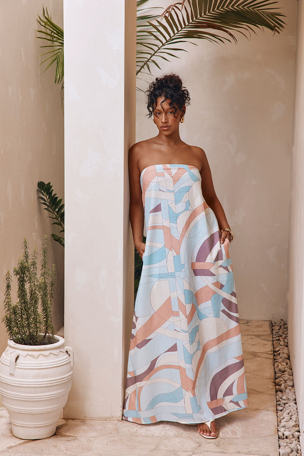 White Halcyon Print Strapless Maxi Noah Dress