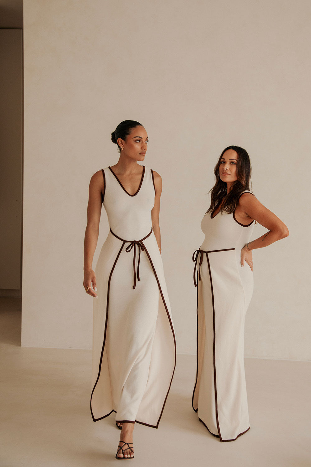 Jazmin V Neckline Tie Maxi Dress - Beige, Brown