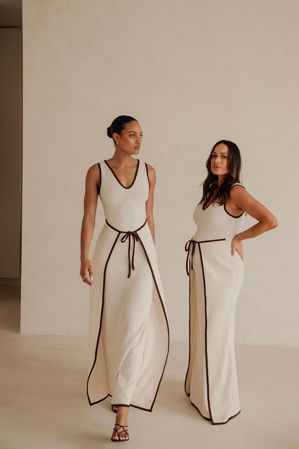 Jazmin V Neckline Tie Maxi Dress - Beige, Brown