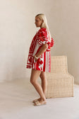Red Voyage Print Drawstring Mini Kit Shirt Dress