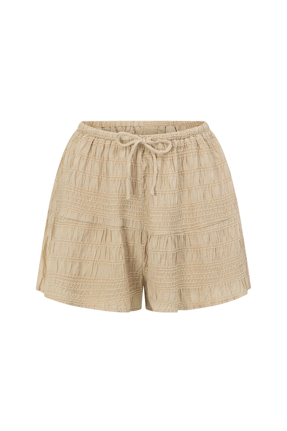 Beige Ruched Elastic Drawstring Amina Shorts
