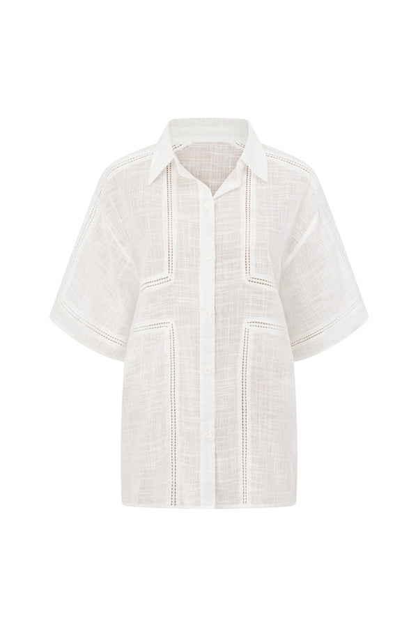 White Cheesecloth Short Sleeve Button Up Banks Top