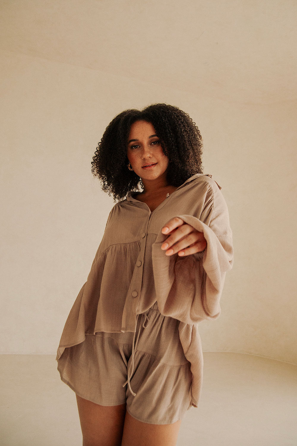 Huxley Panelled Button Up Collared Long Sleeve Top - Brown