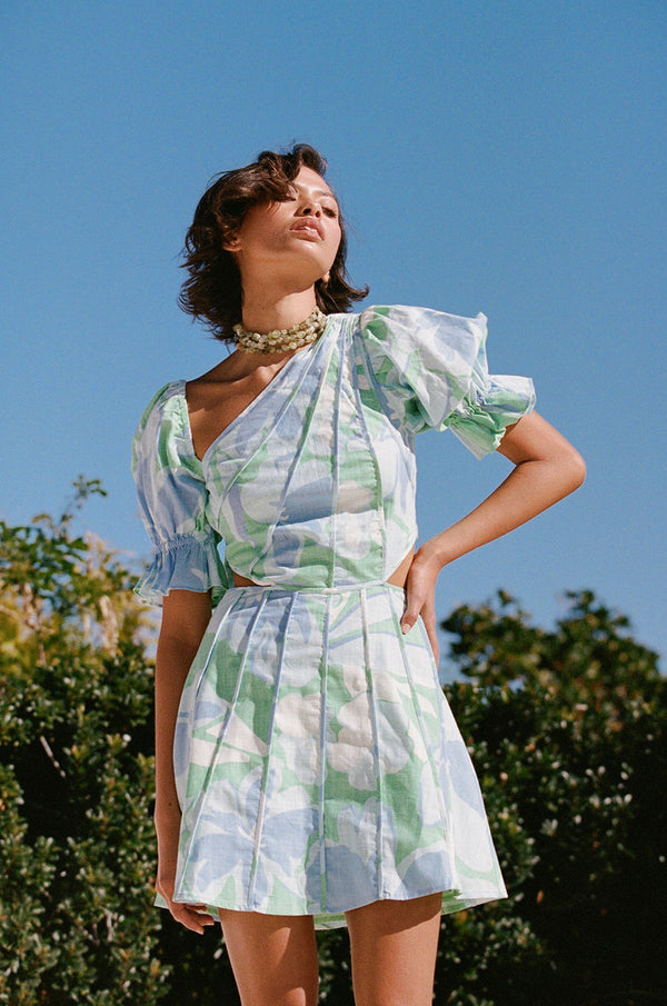 Blue Spring Petals Puff Sleeve Mini Jonty Puff Dress
