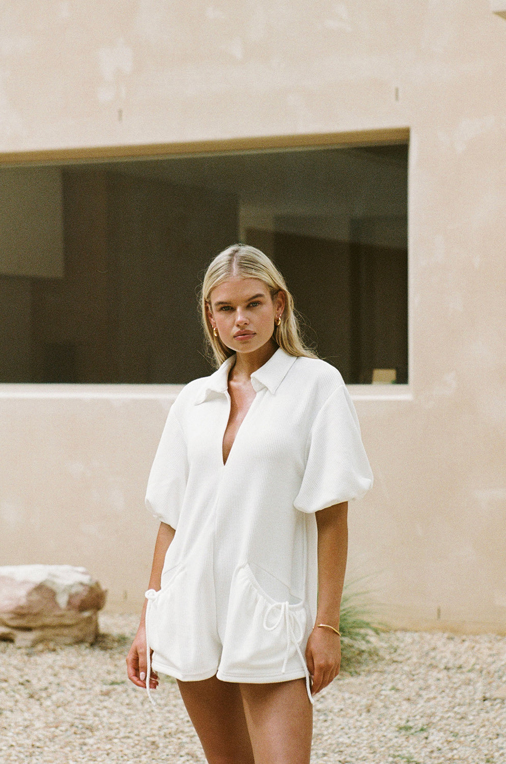 White Collar V Neck Puff Sleeve Airlie Playsuit