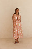 Pink Florero Print V Neck Midi Mira Dress