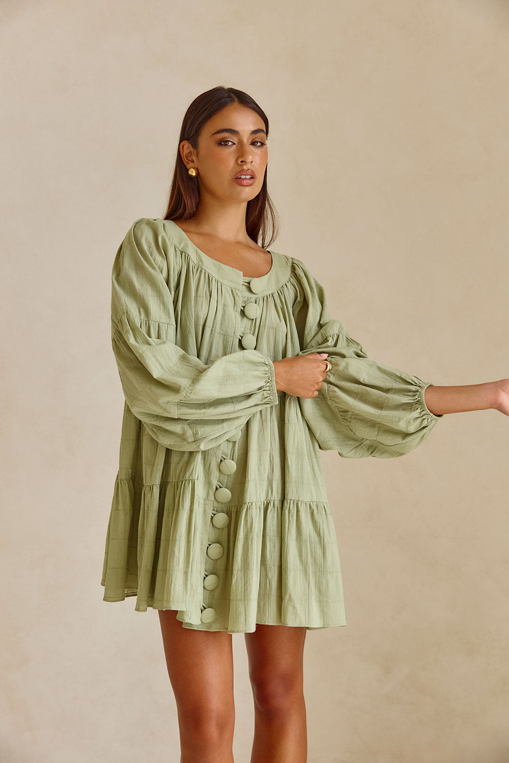 East Button Flounce Mini Dress - Green