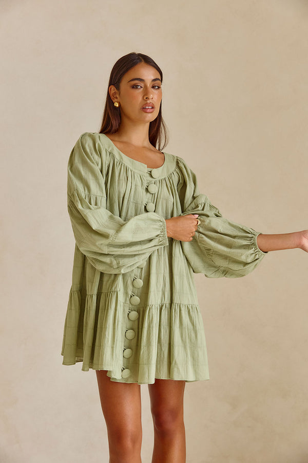 East Button Flounce Mini Dress - Green