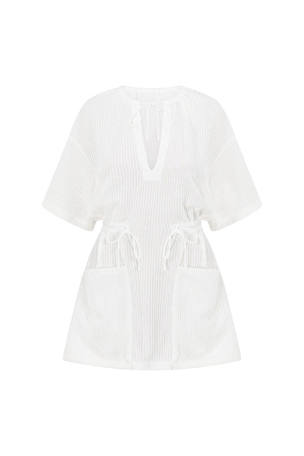 White V Neck Ruched Tie Mini Chiva Dress