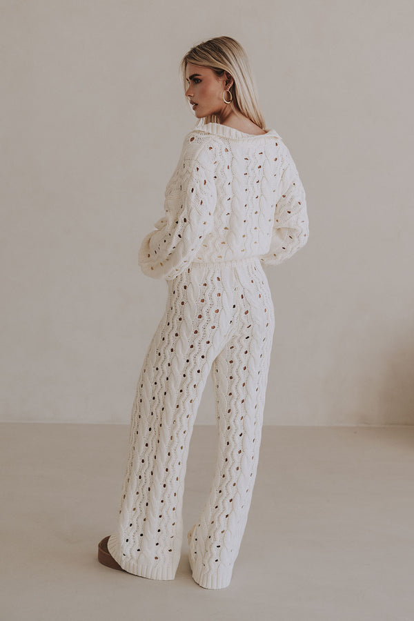 Cream Cable Knit Long Sleeve Collar Elana Sweater