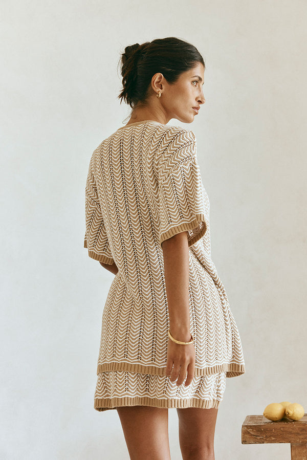 Tan Short Sleeve Button Reims Top