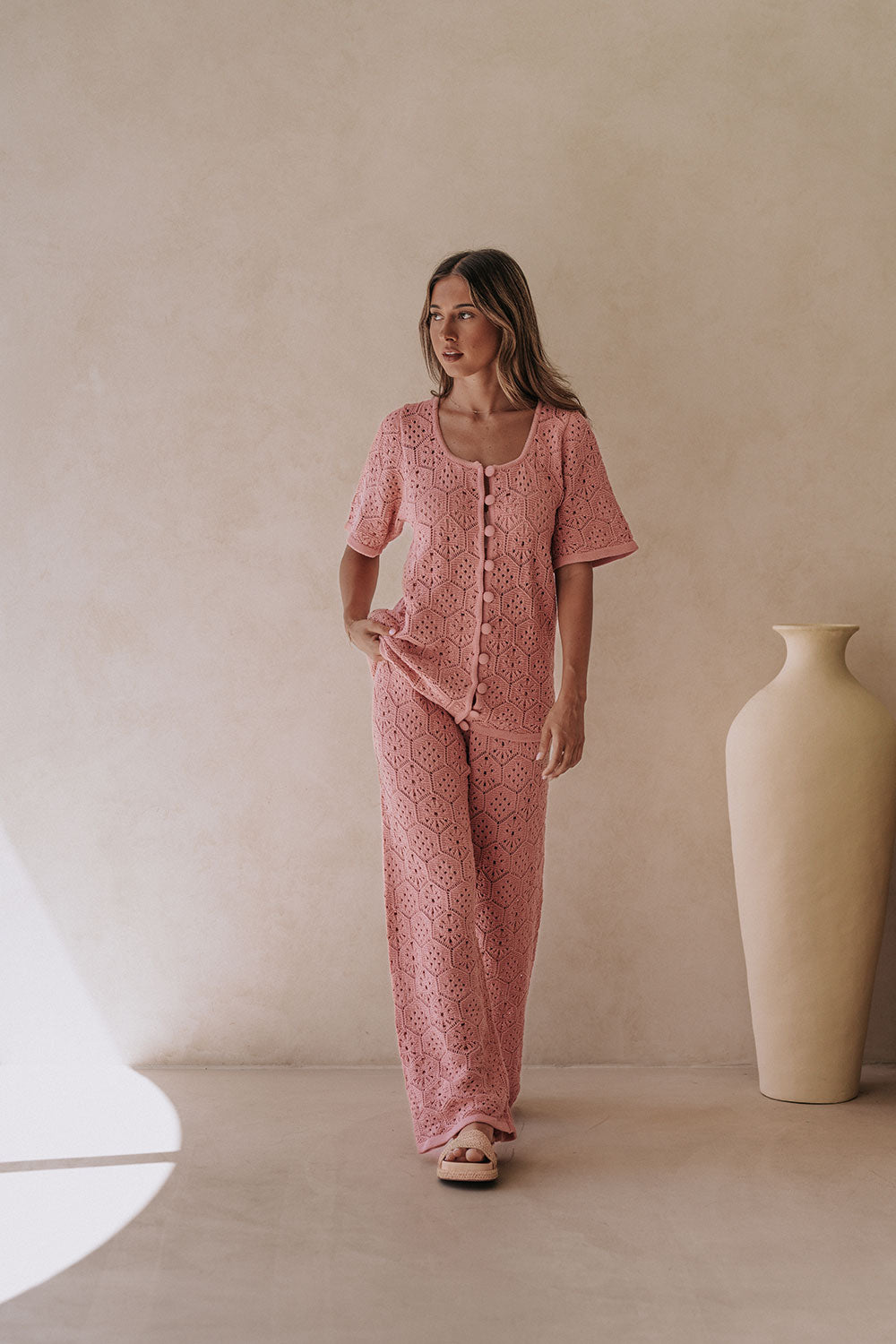 Blush Pink Crochet Knit Umiko Pants