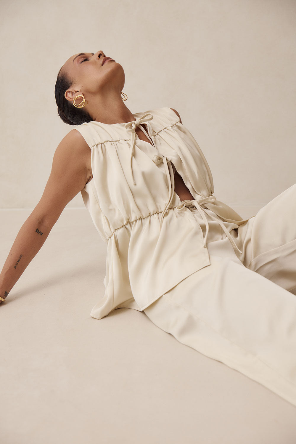 Beige Ruched Panelled Front Tie Juliette Top