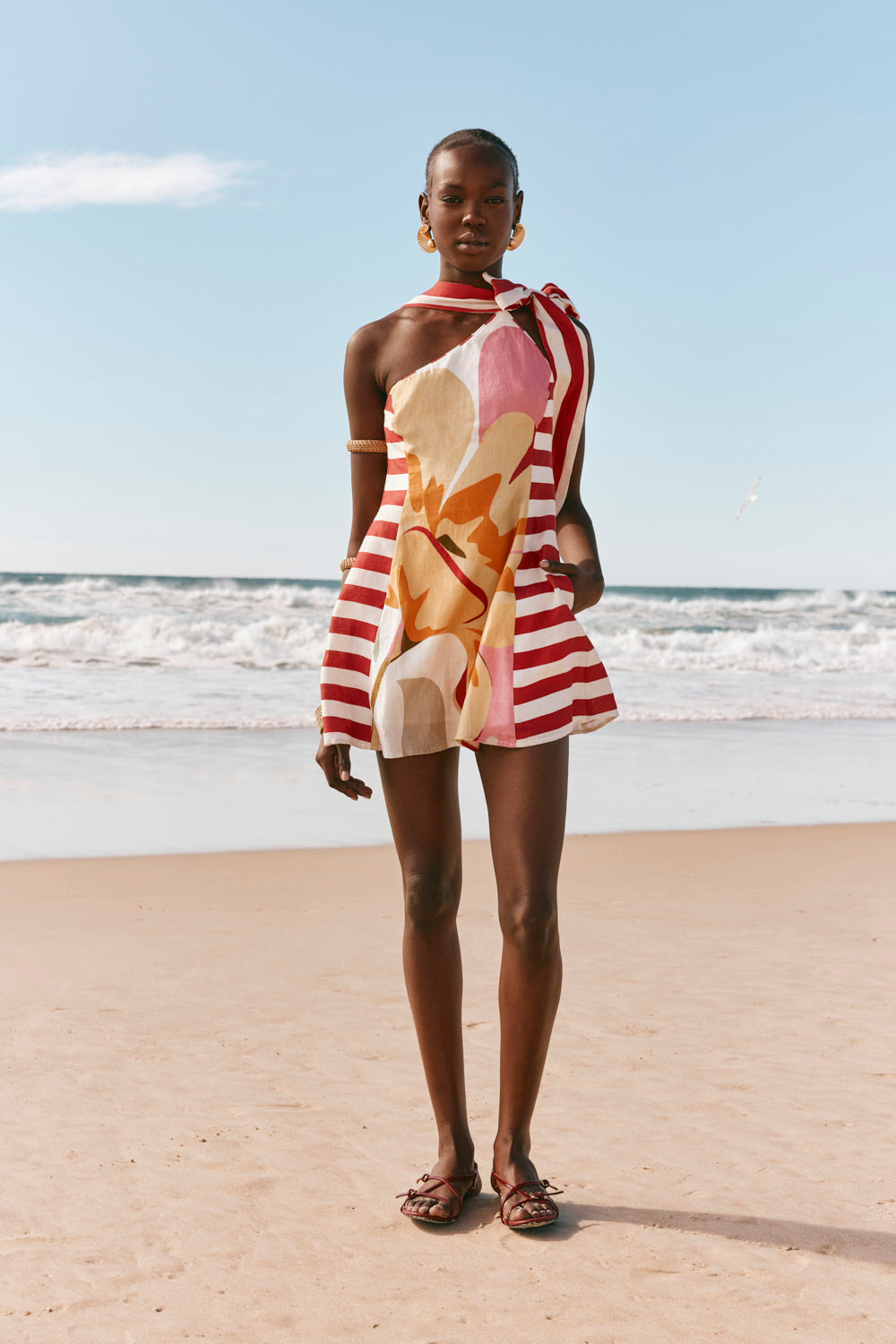 Red Estivo Abstract Print Asymmetric Mini Carmen Dress