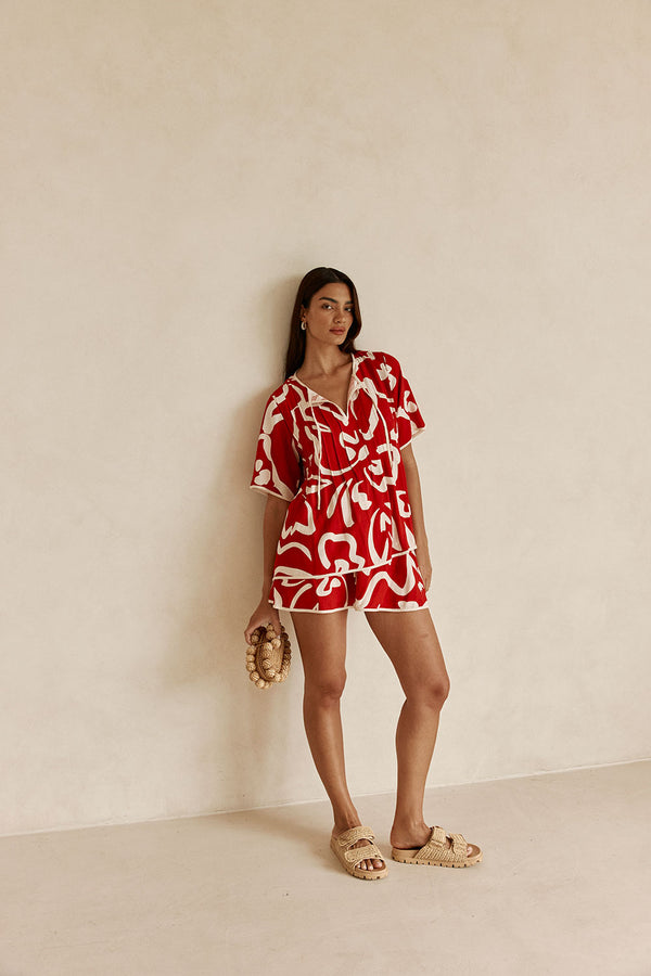 Red Fila Rouge Floral Print Button Up Rayne Top