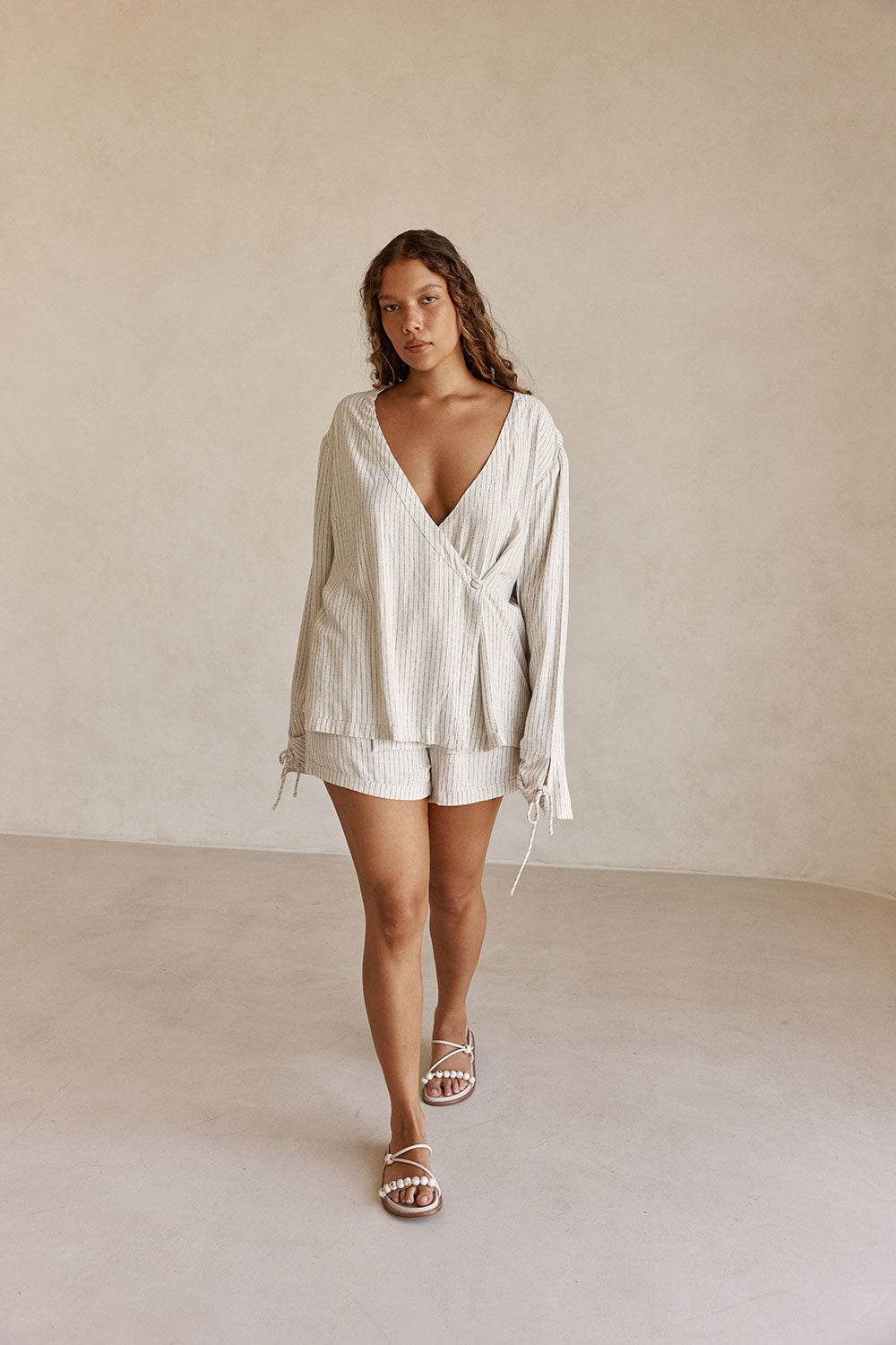 Beige and Black Pintstripe Tie Lyla Shorts