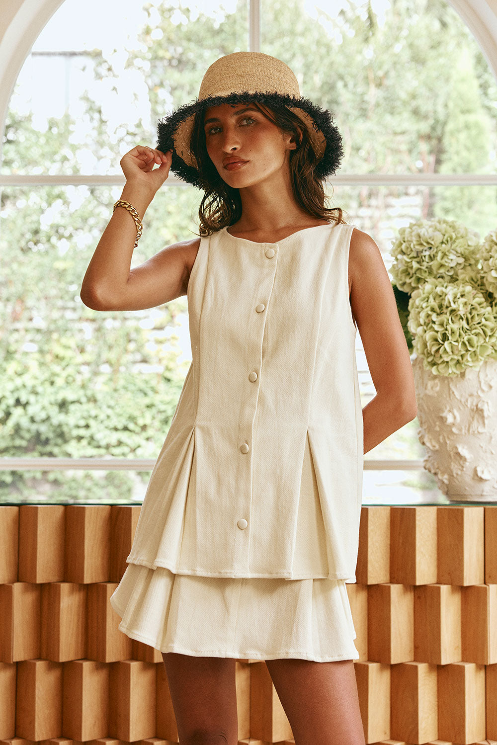 Cream Button Up Pleated Mari Top