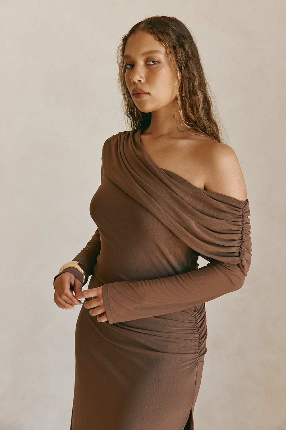 Chocolate Brown One Shoulder Long Sleeve Maxi Tasmin Dress