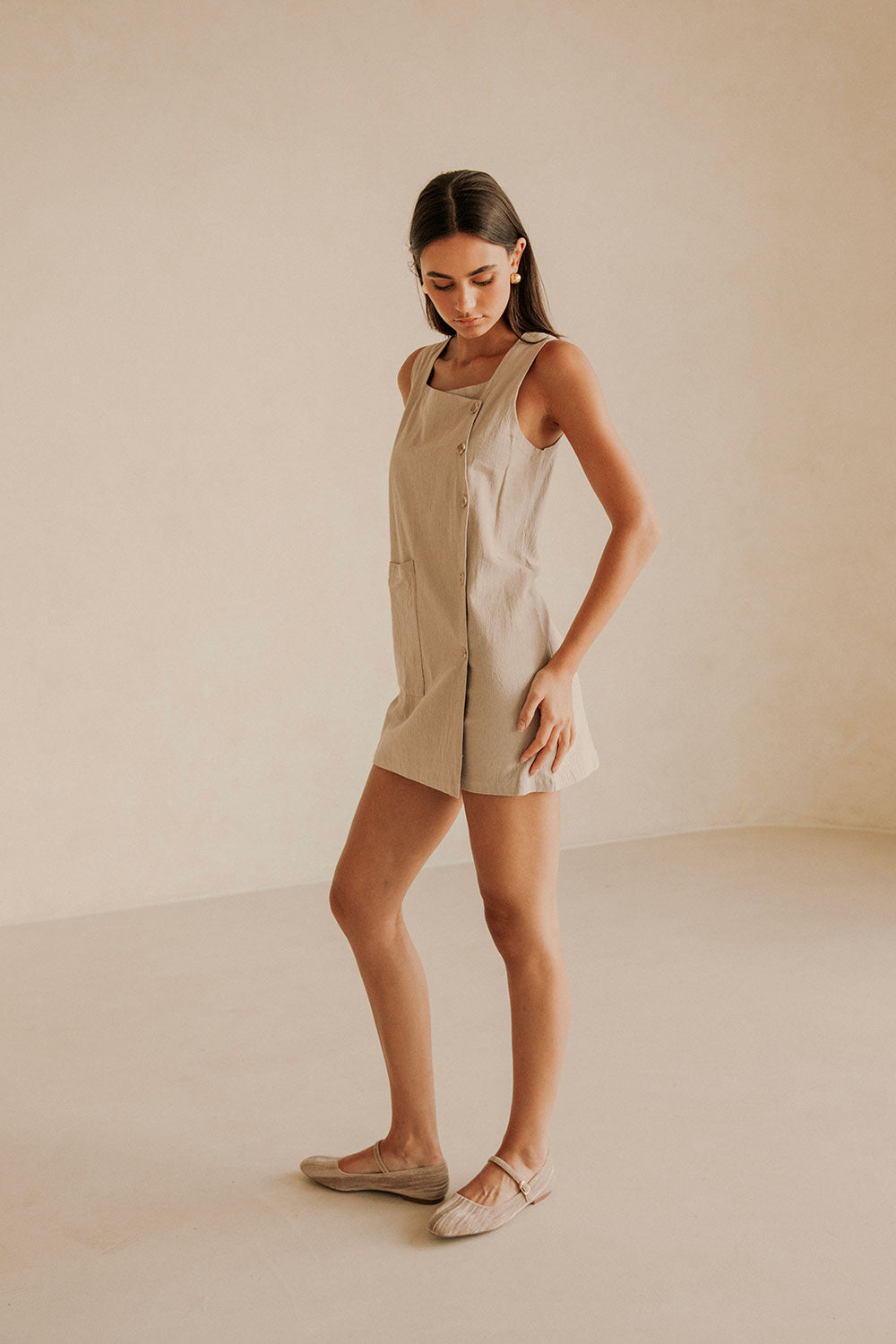 Beige Button Up Wide Strap Pocket Mini Aida Dress