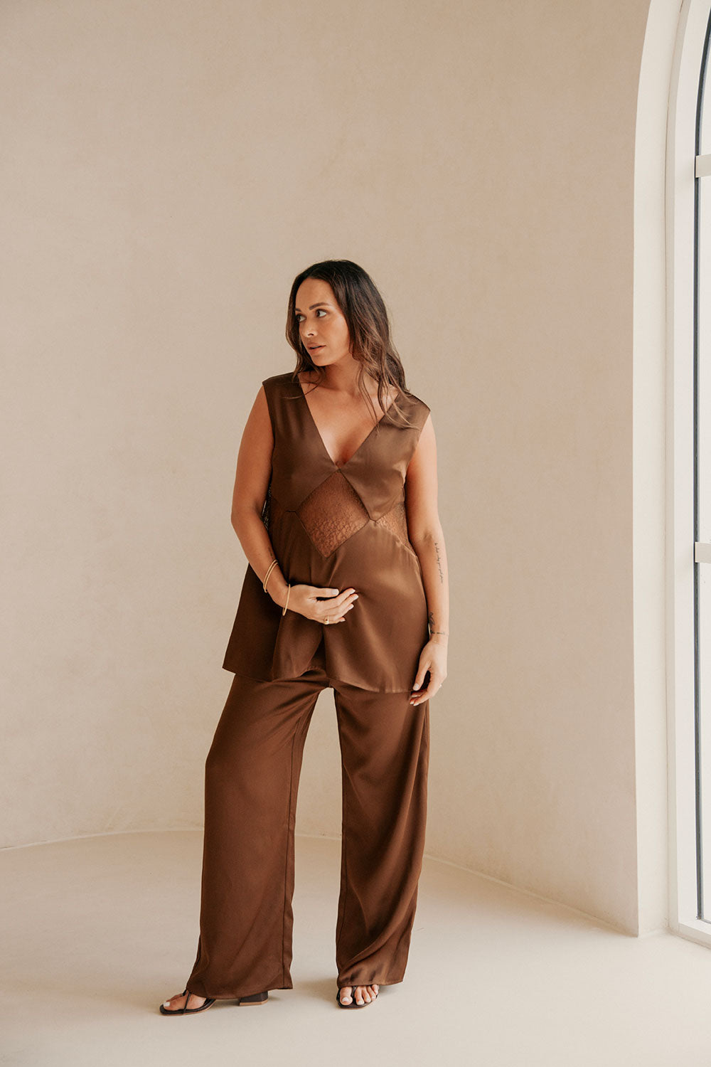 Brown Silky V Neck Lace Panel Zuri Top