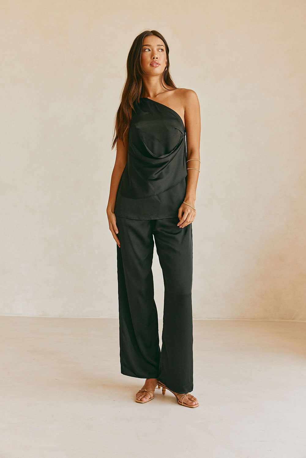 Adeline Silk One Shoulder Backless Top - Black