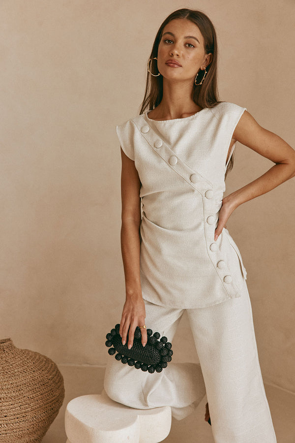 Beige Button Gathered Azul Top