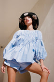 Blue Long Sleeve Panelled Flounce Akel Top