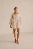 Beige Puff Sleeve Button Midi Palmer Dress