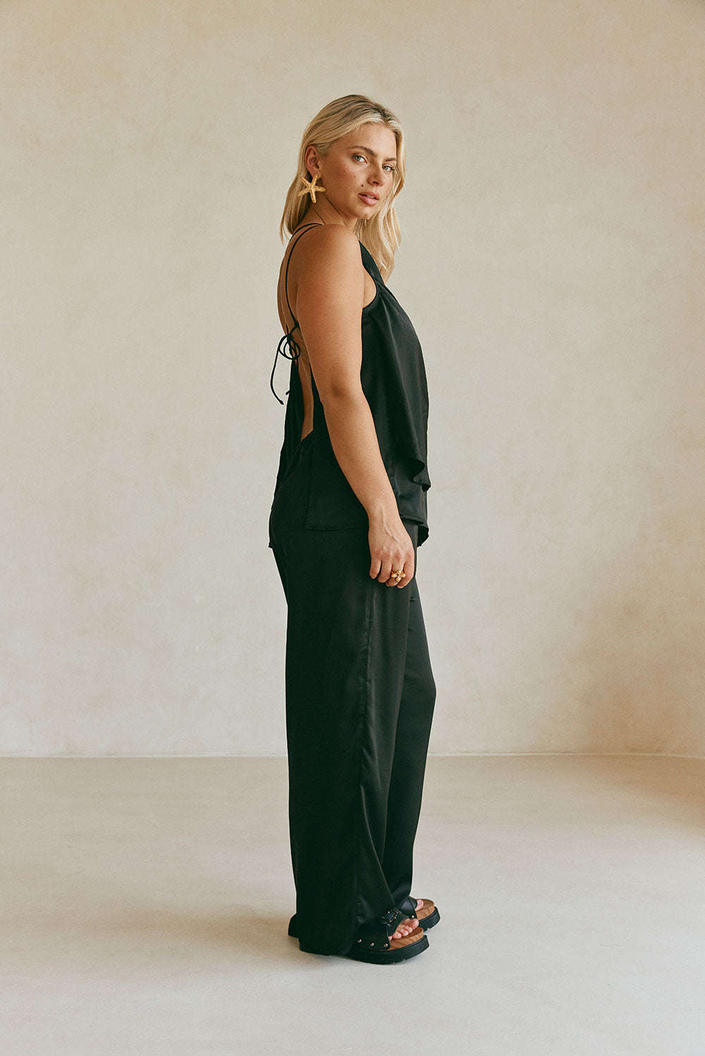 Adeline Silk One Shoulder Backless Top - Black