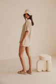 Tan Textured Short Sleeve Button Detail Rhi Top