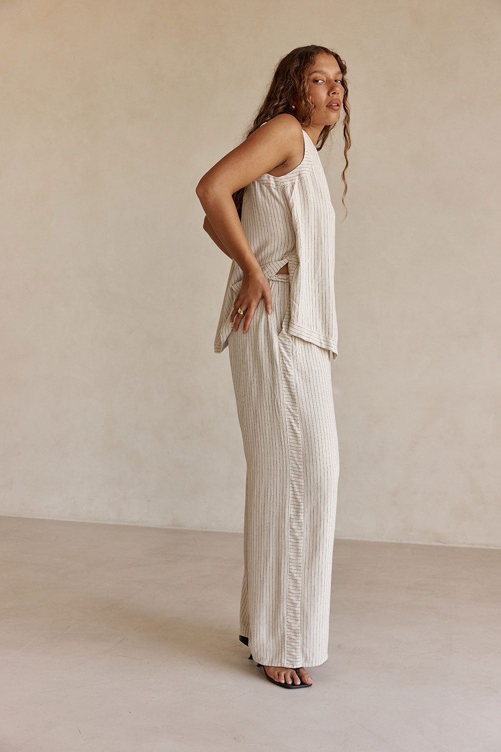 Cream and Black Pinstripe Wrap Capri Top