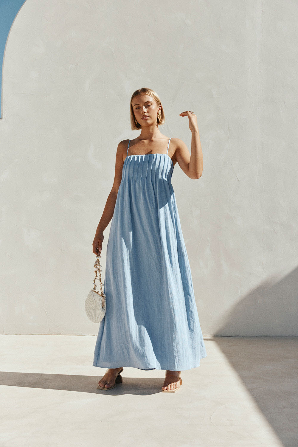 Blue Pin Tuck Pleat Maxi Ada Dress