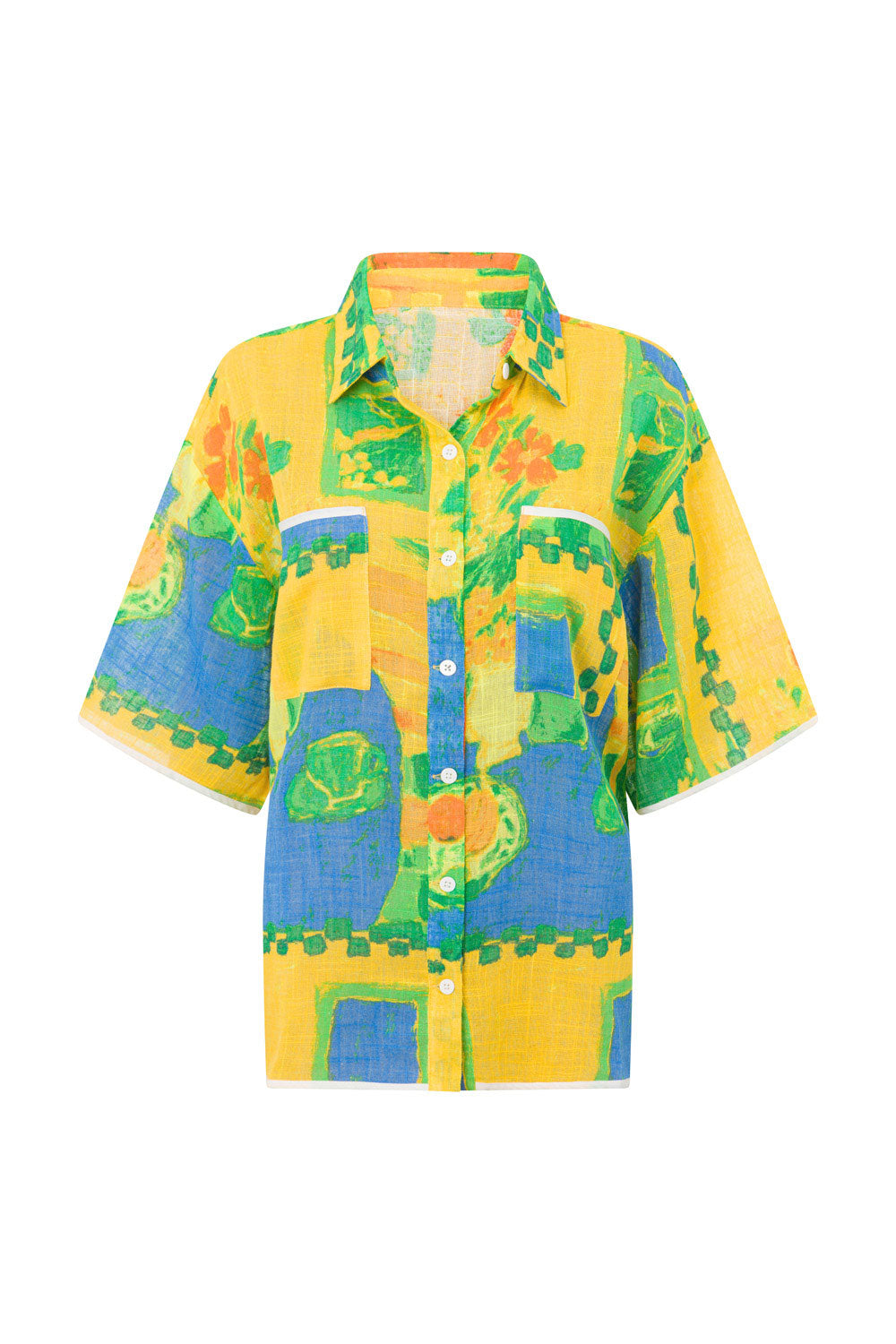 Cascade Button Up Short Sleeve Top - Green, Blue & Orange Morning Yellow Print
