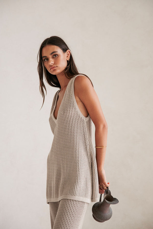 Beige Knit V Neck Ailish Top