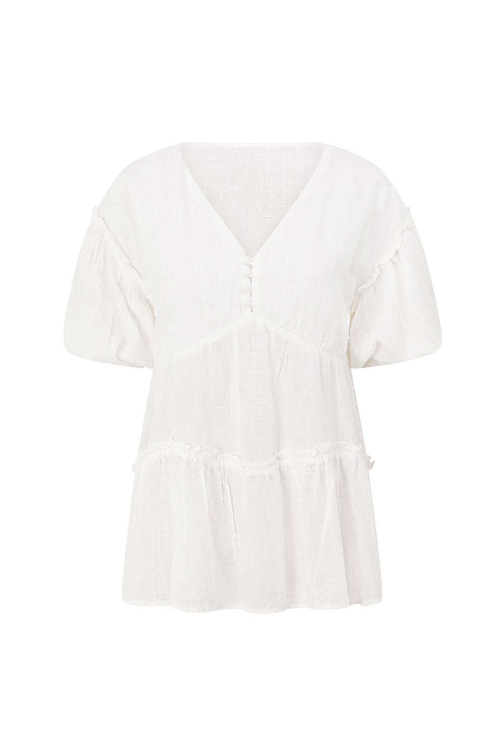 White Puff Sleeve V Neck Button Detail Lyon Top