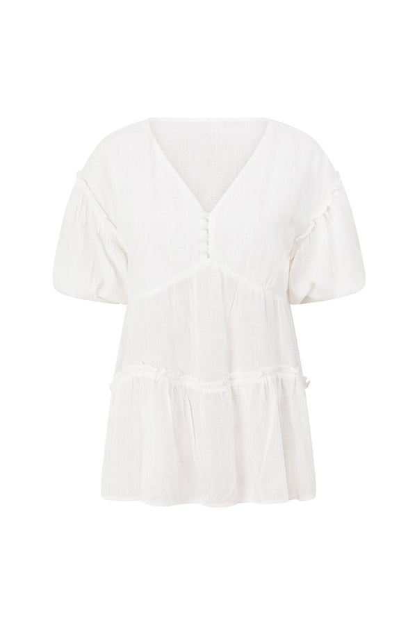 White Puff Sleeve V Neck Button Detail Lyon Top