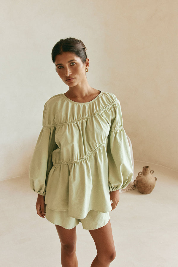 Akel Long Sleeve Flounce Top - Mint, Green