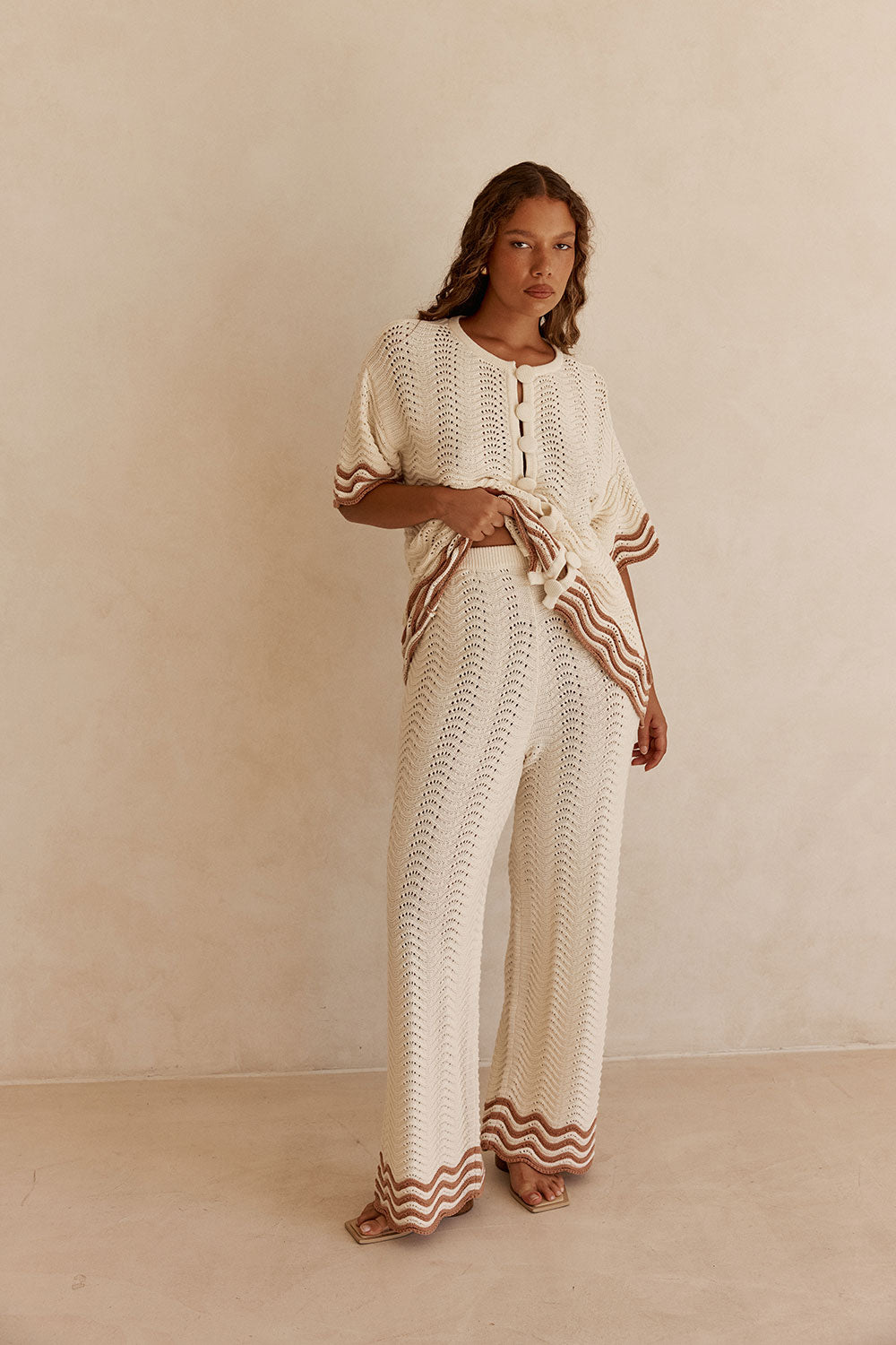 Cream Wavy Knit High Waist Janaya Pants