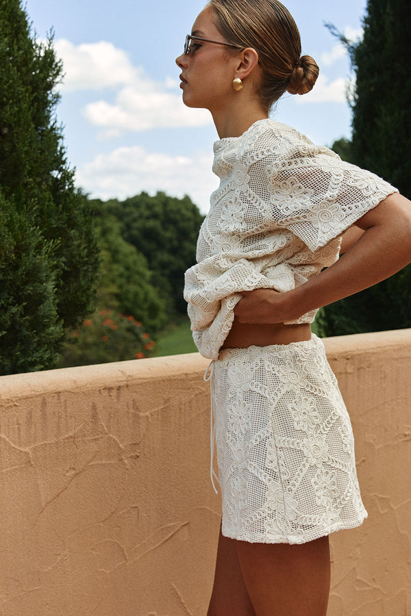 Beige Crochet Lace Mini Rosiah Skirt