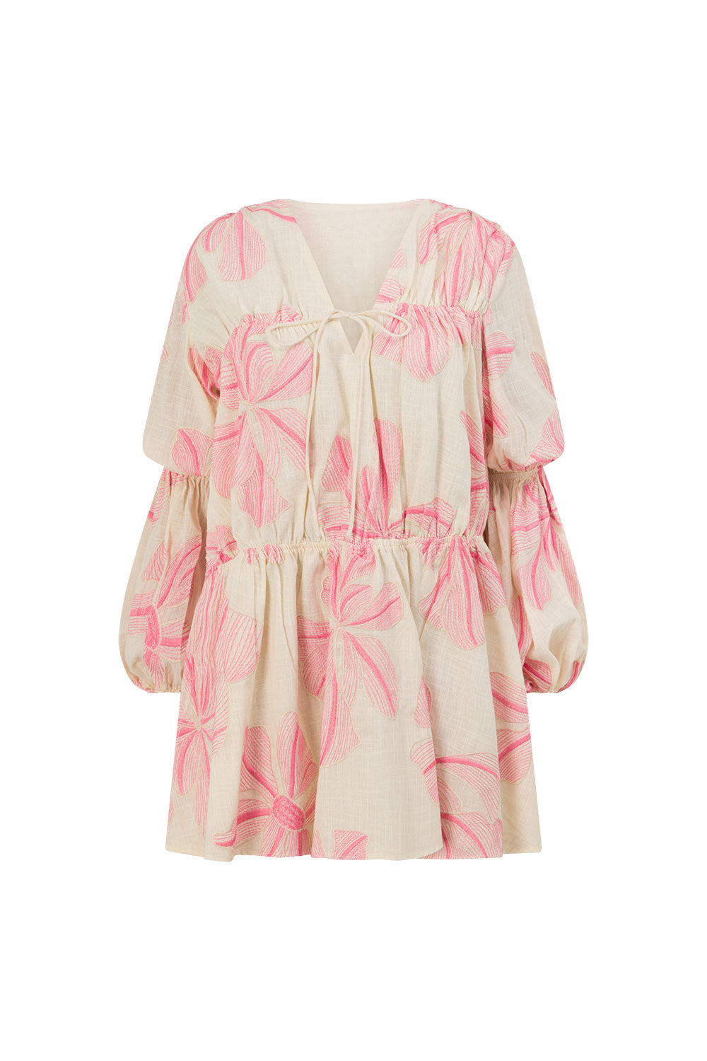 Pink Spring Floral Print Boxy Gathered Mini Naloo Dress