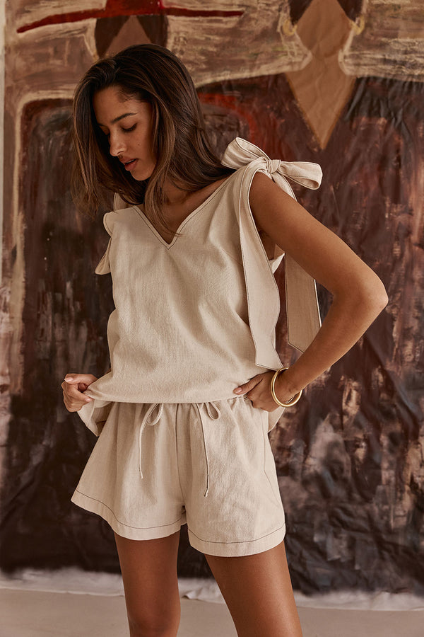 Cream Elastic Drawstring Elixir Shorts