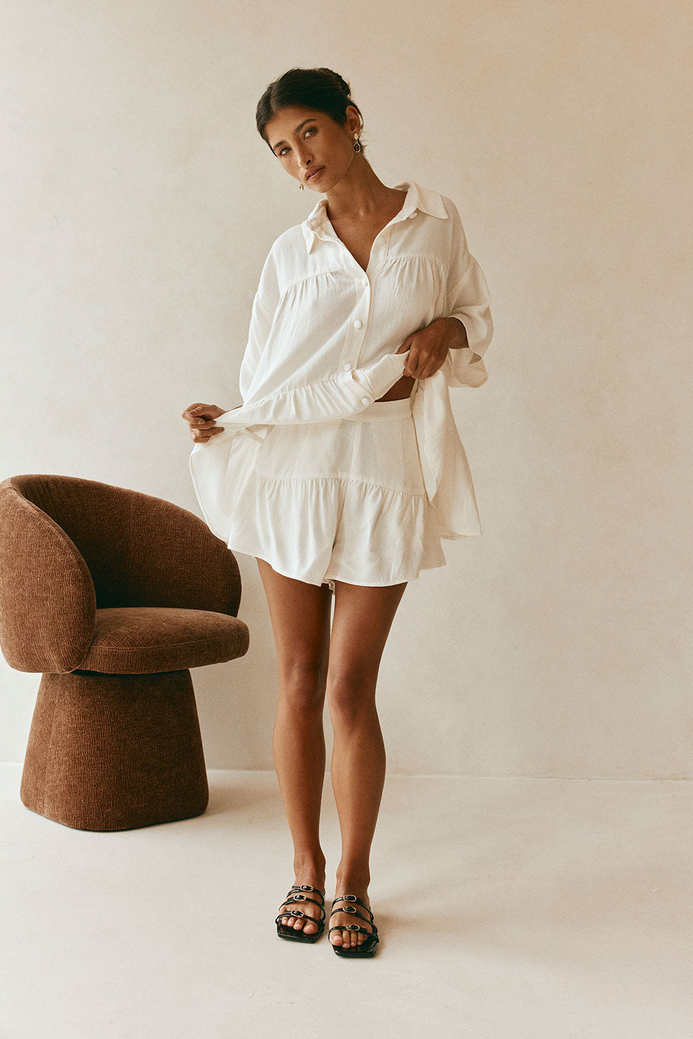 White High Waist Gathered Flounce Panel Luna Shorts