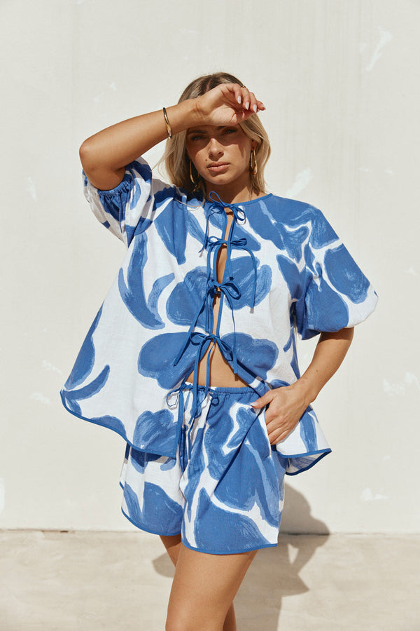Blue Ada Flora Print Drawstring Pax Shorts