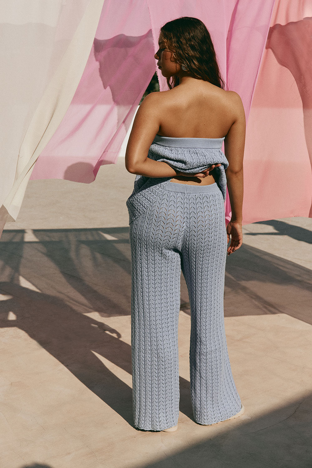 Blue Pointelle Knit High Waist Athena Pants