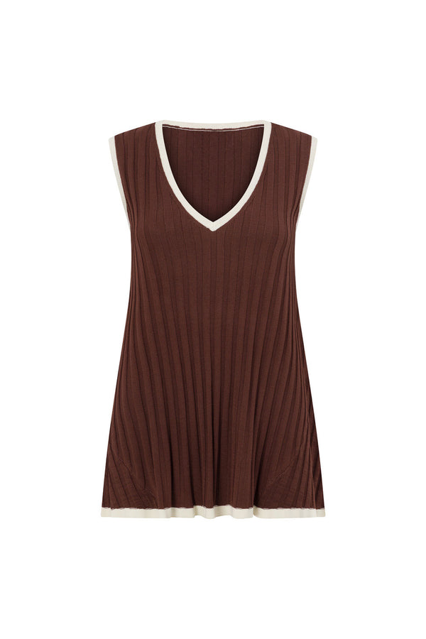 Chocolate Brown Ribbed V Neck Silla Top