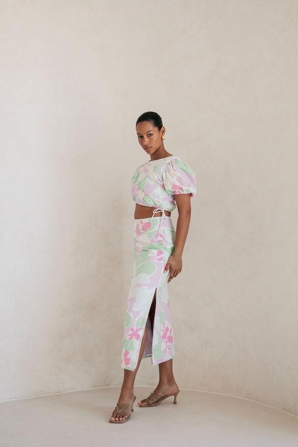 Elika Midi Split Skirt - Misty Floral Pink Purple Green