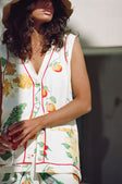 Izabelle V Neck Button Up Top - White, Yellow, Green & Blue Aesta Floral Print